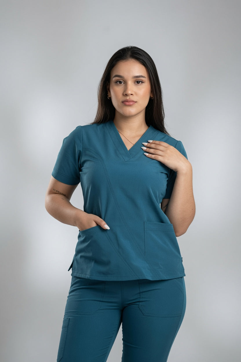 Set Azul Petróleo Antifluido Cuello V y Bota Recta