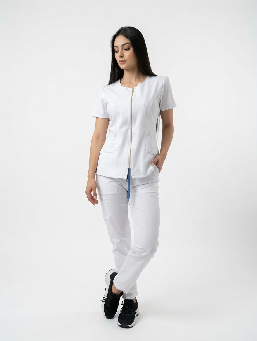 Set Blanco Antifluido Cuello V Zipper y Bota Recta