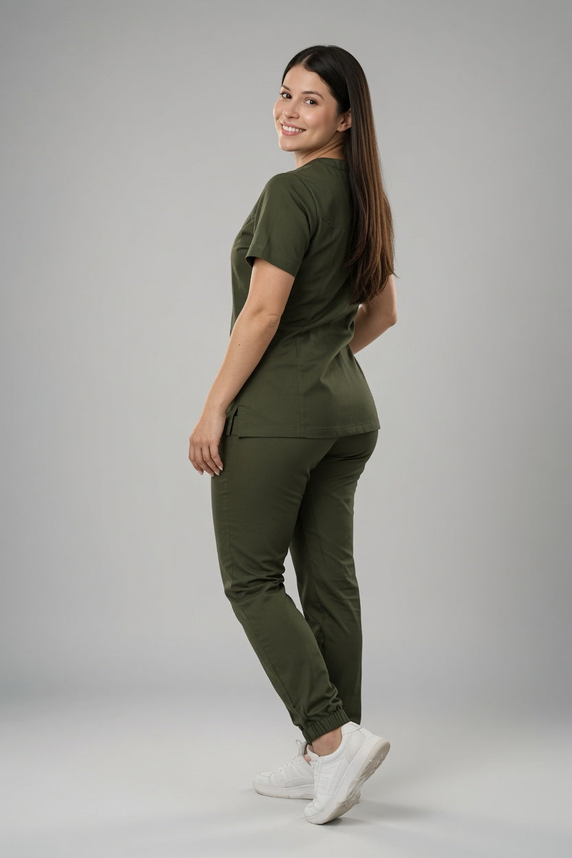 Set Verde Militar Antifluido con Cuello V, Jogger