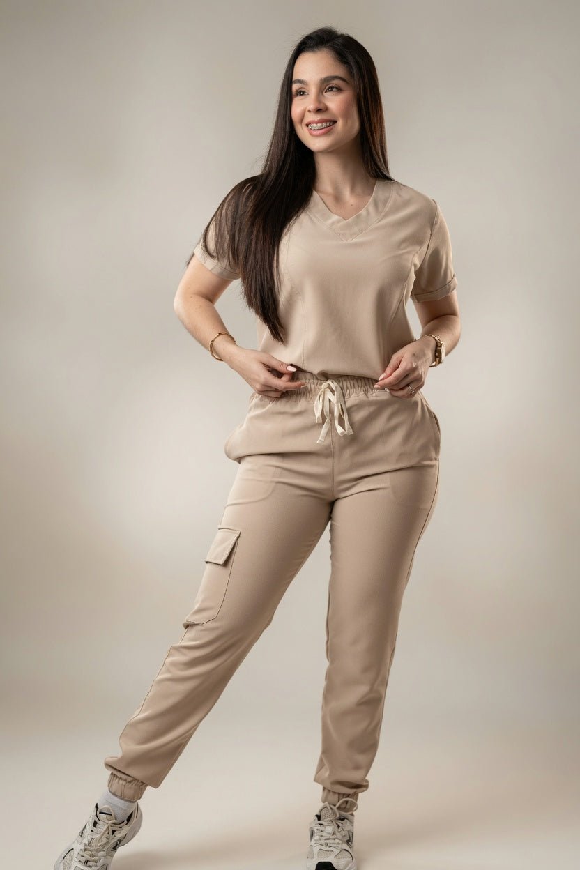 Scrub Beige Antifluido con Cuello V y Jogger