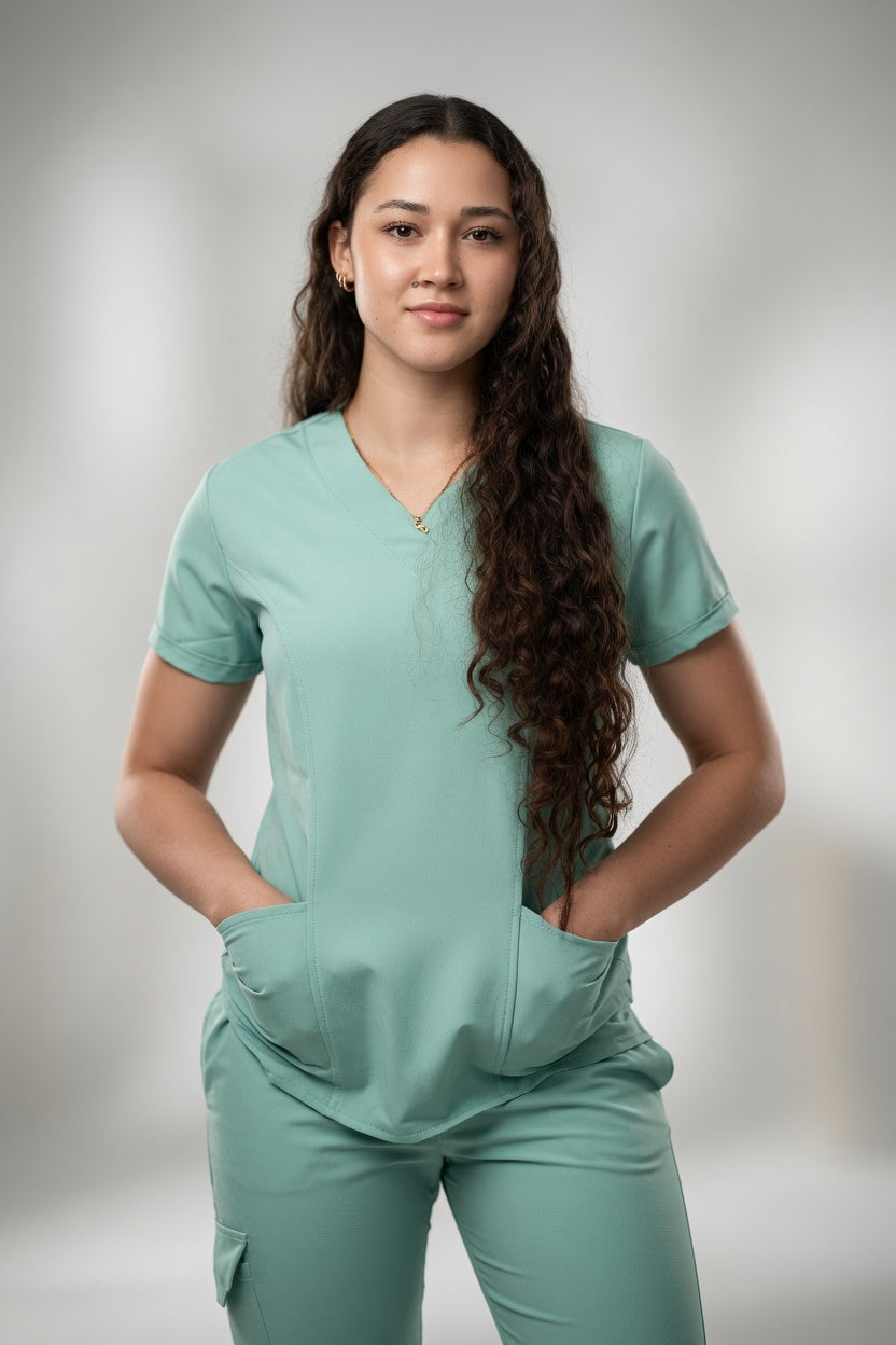Scrub Pistacho Antifluido con Cuello V y Jogger