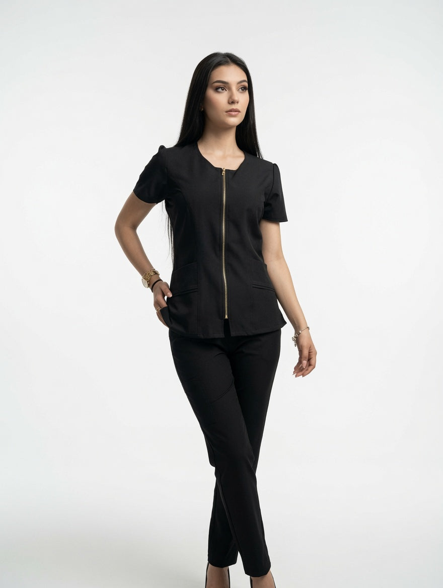 Set Negro Antifluido Cuello V Zipper y Bota Recta