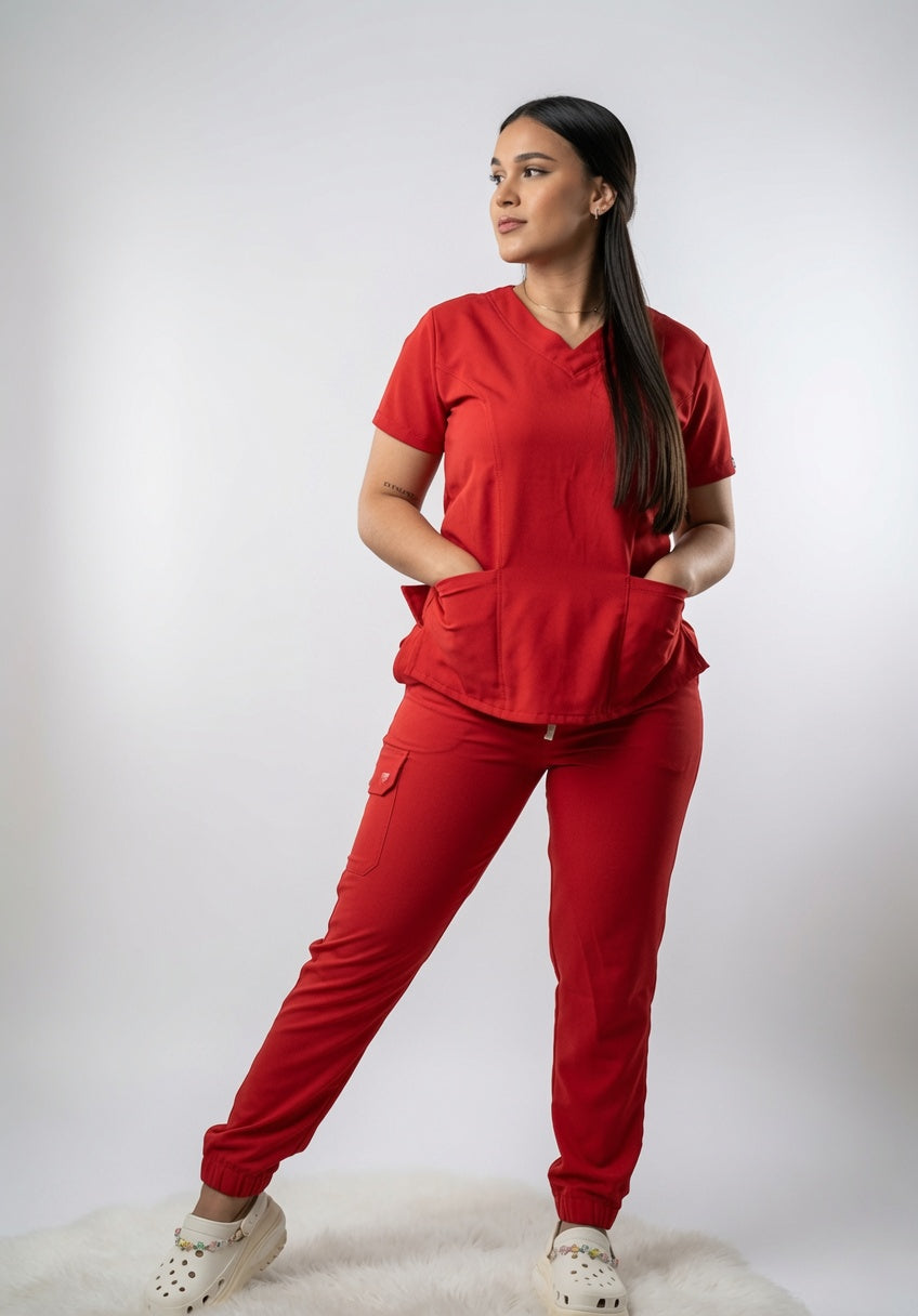 Set Rojo Sangre Antifluido con Cuello V y Jogger
