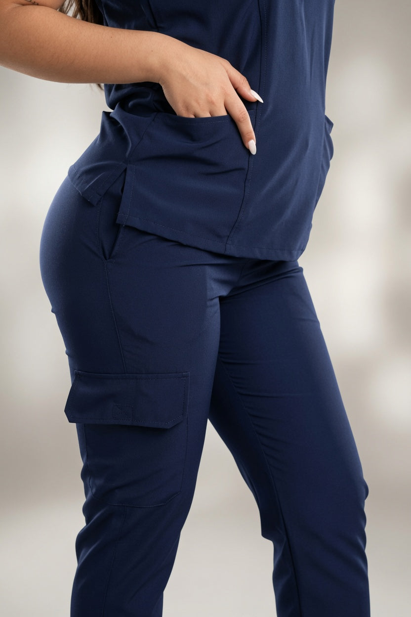 Scrub Azul Oscuro Antifluido con Cuello V y Jogger