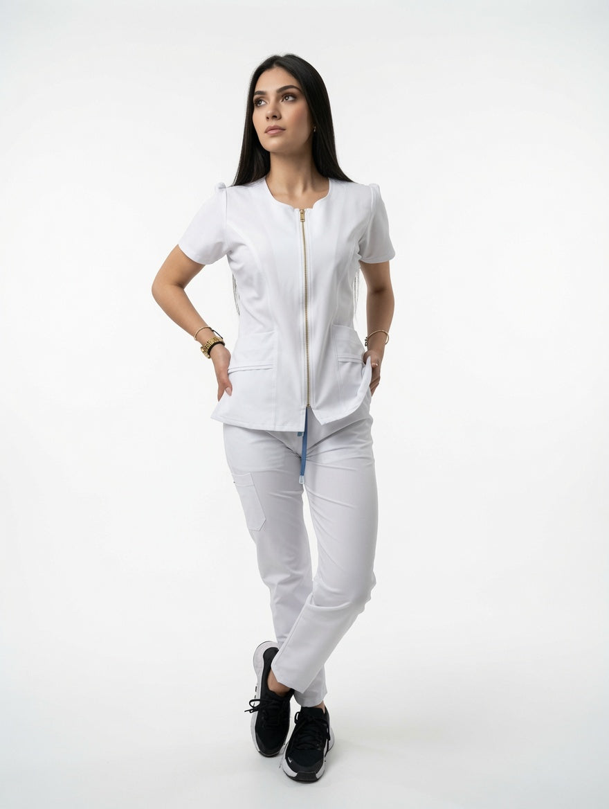 Set Blanco Antifluido Cuello V Zipper y Bota Recta