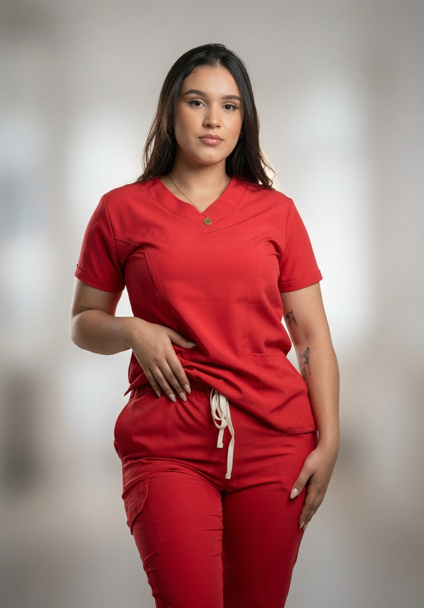 Set Rojo Sangre Antifluido con Cuello V y Jogger