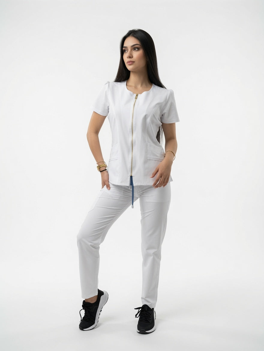 Set Blanco Antifluido Cuello V Zipper y Bota Recta