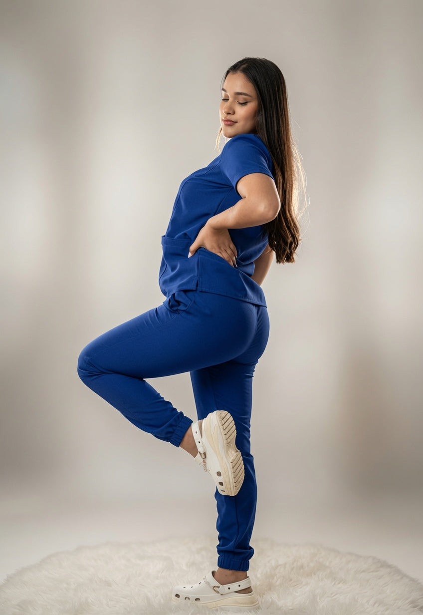 Scrub Azul Rey Antifluido con Cuello V y Pantalón Jogger