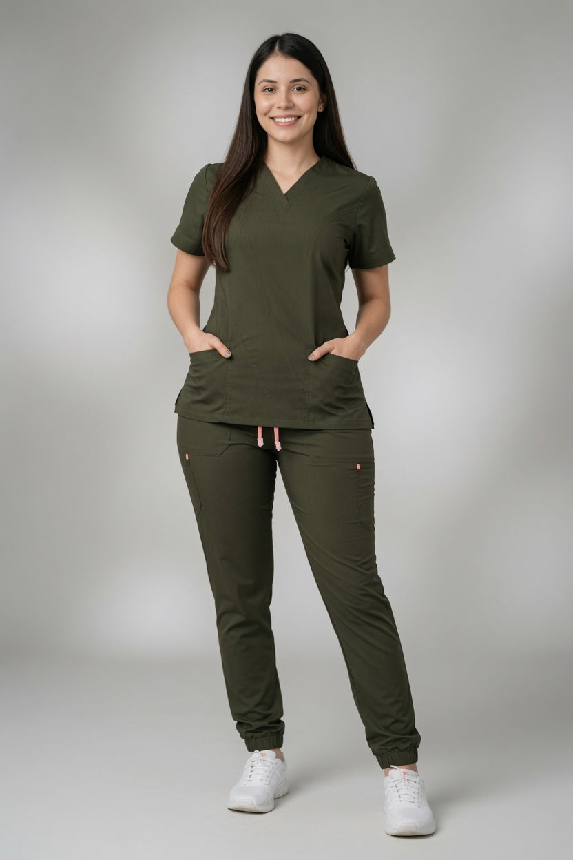 Set Verde Militar Antifluido con Cuello V, Jogger