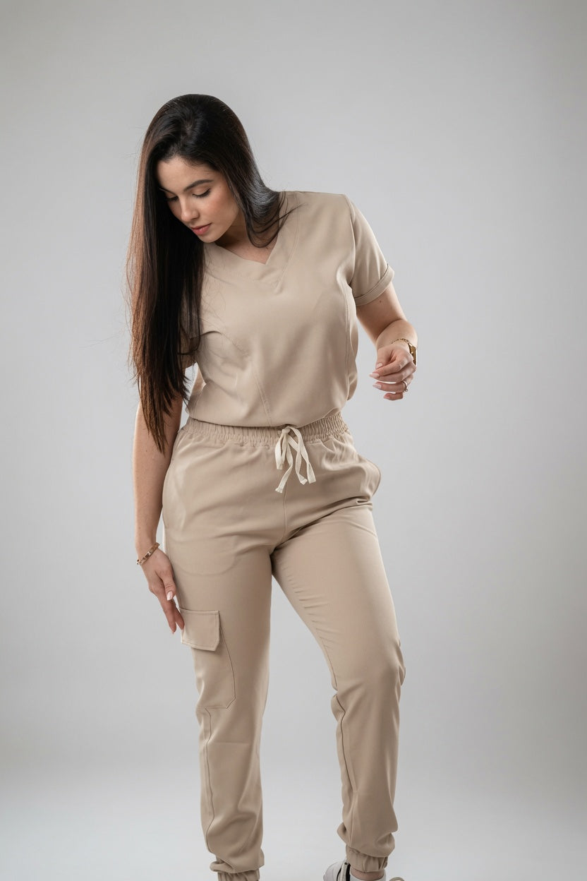 Scrub Beige Antifluido con Cuello V y Jogger