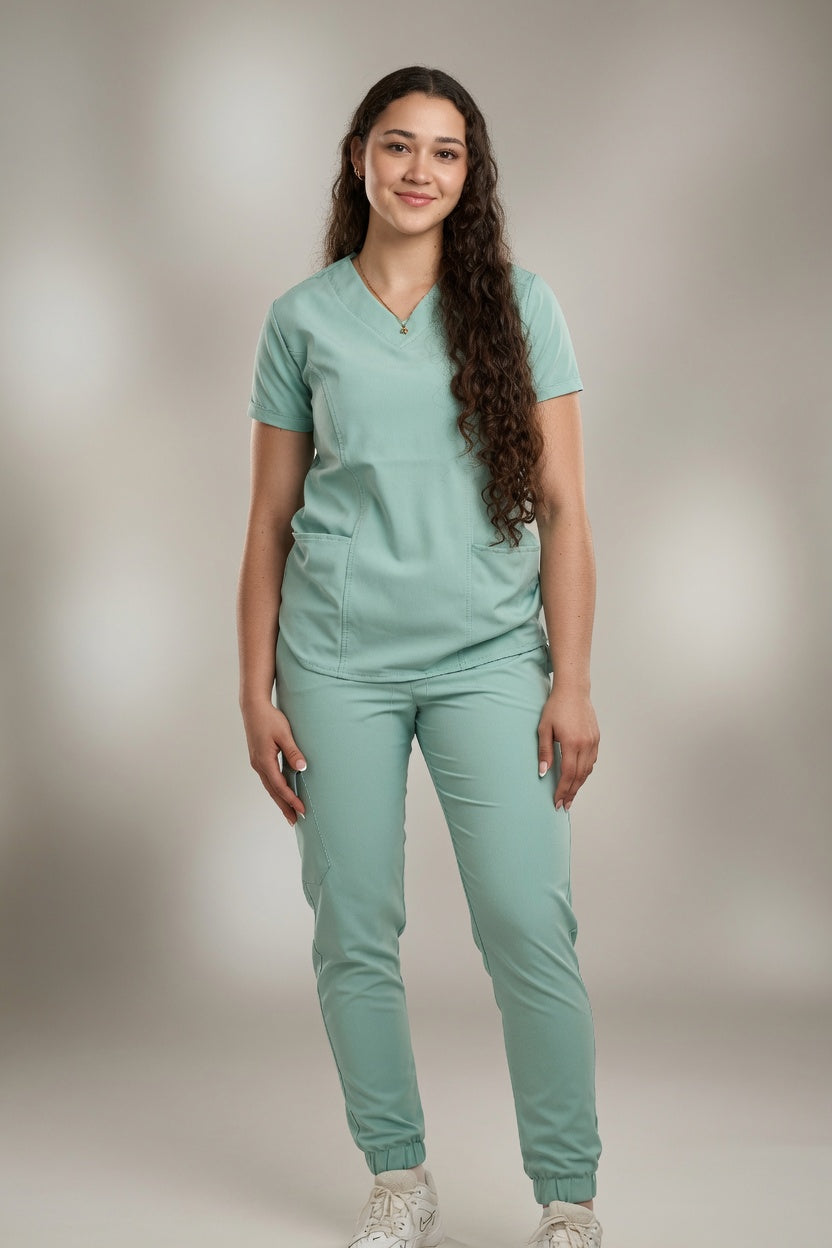 Scrub Pistacho Antifluido con Cuello V y Jogger