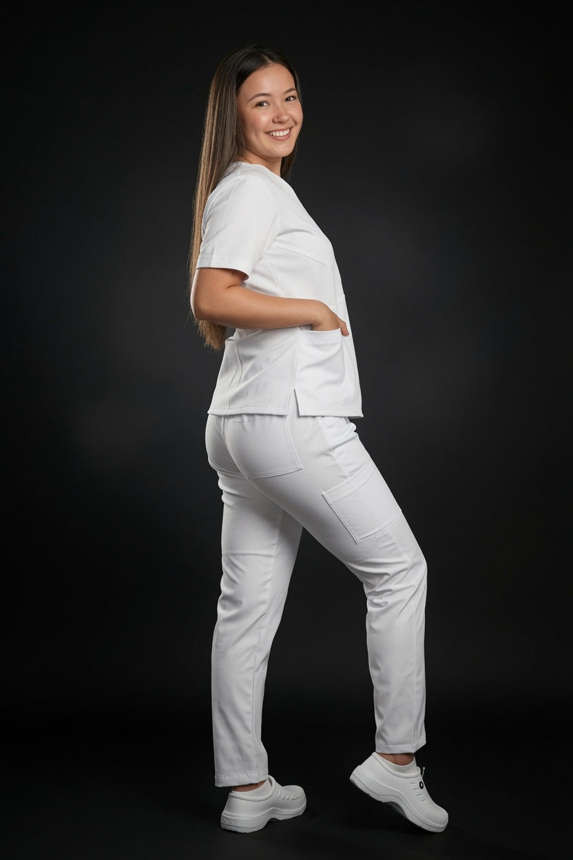 Set Blanco Antifluido Cuello V Bota Recta