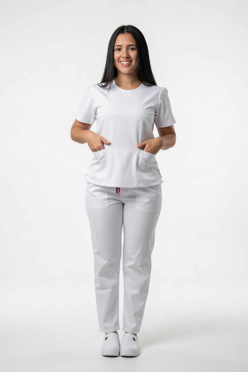Set Blanco Antifluido Cuello Redondo y Bota Recta
