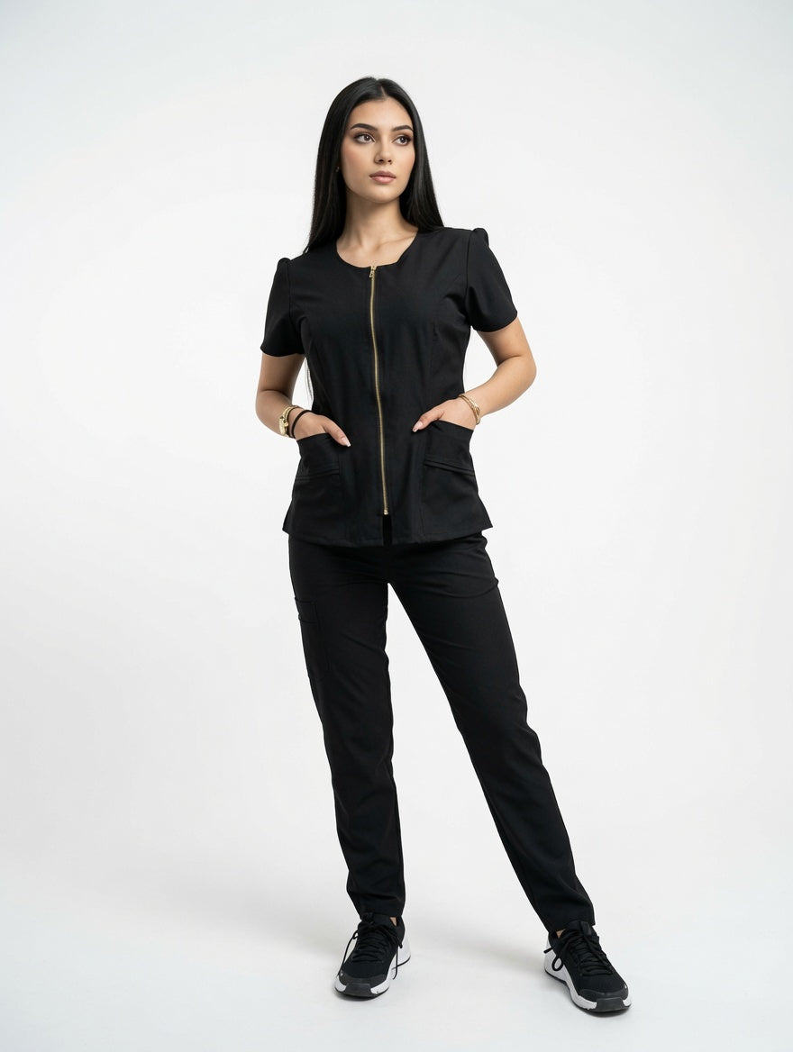 Set Negro Antifluido Cuello V Zipper y Bota Recta