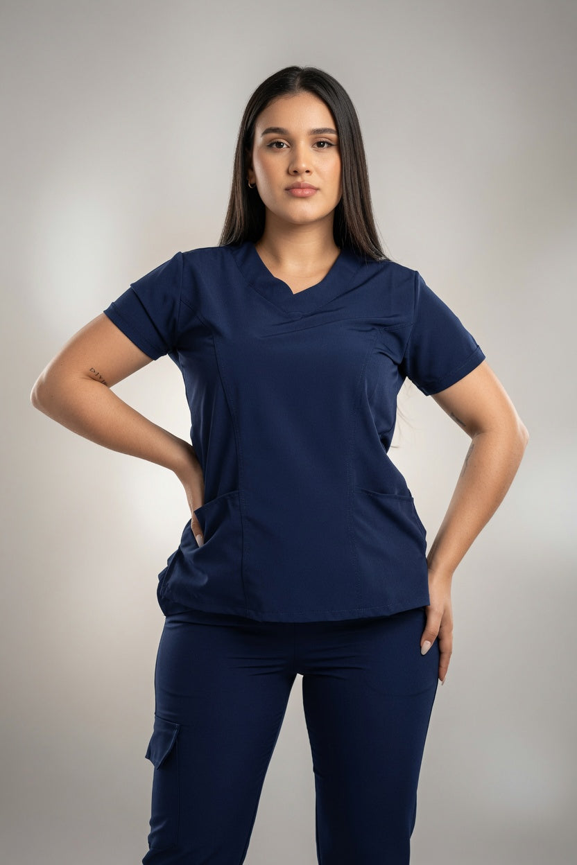 Scrub Azul Oscuro Antifluido con Cuello V y Jogger