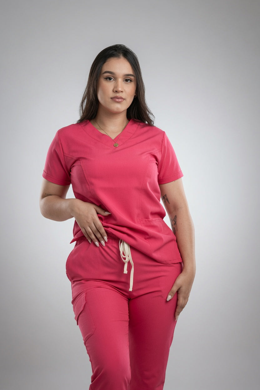 Set Rosa Sandía Antifluido con Cuello V y Jogger
