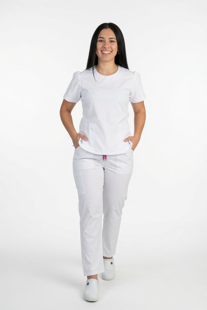Set Blanco Antifluido Cuello Redondo y Bota Recta