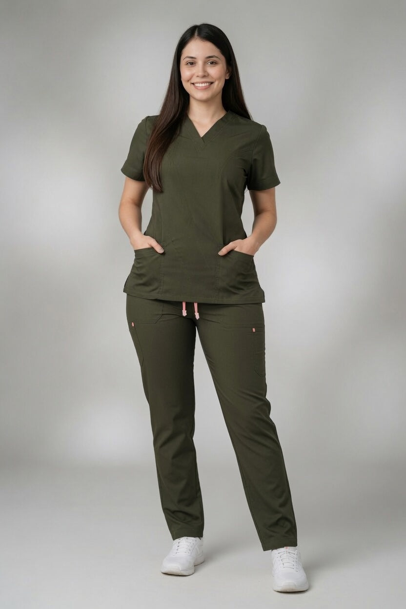 Set Verde Militar Antifluido con Cuello V, Bota Recta