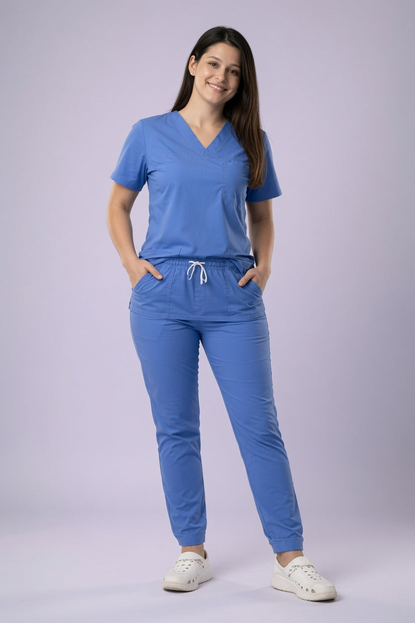 Set Celeste Antifluido con Cuello V y Jogger