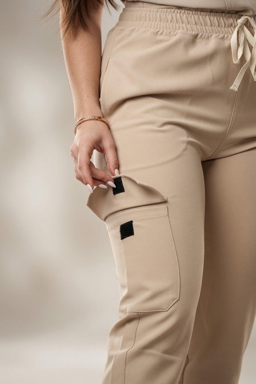 Scrub Beige Antifluido con Cuello V y Jogger